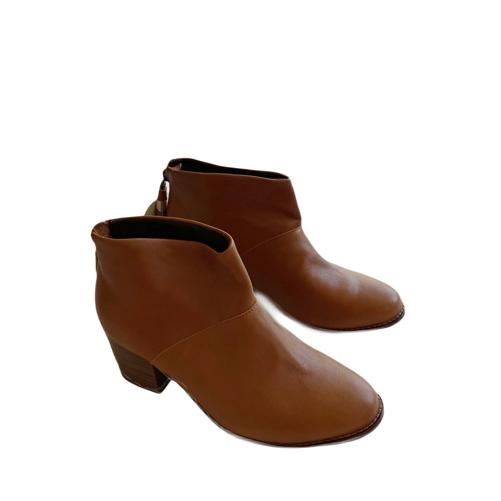 Toms Leila Warm Tan Leather Ankle Booties Size 7.5 Chunky Heel Boots Winter NWT